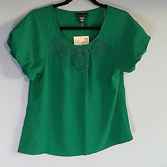 Apostrophe swirl neck green bell sleeve blouse - Picture 1 of 11